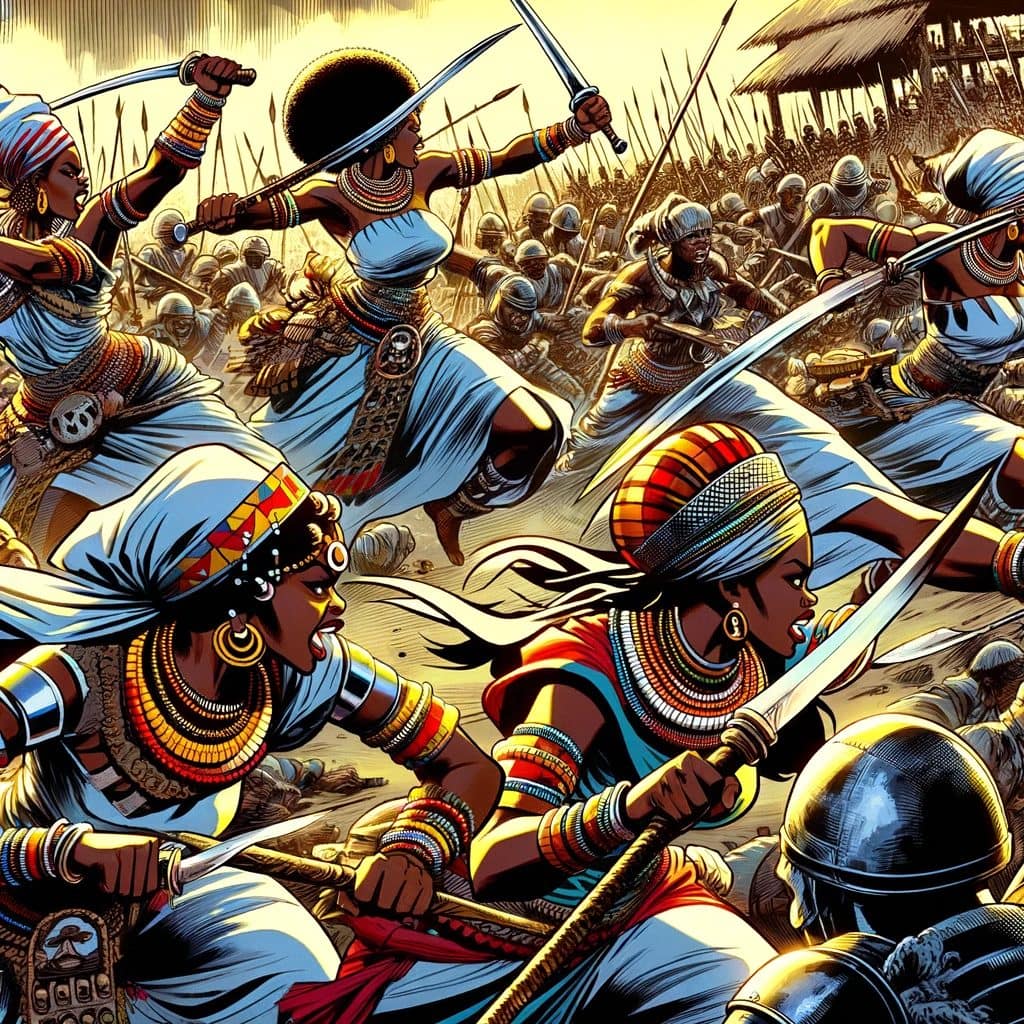 the legendary Dahomey female fighters in battle